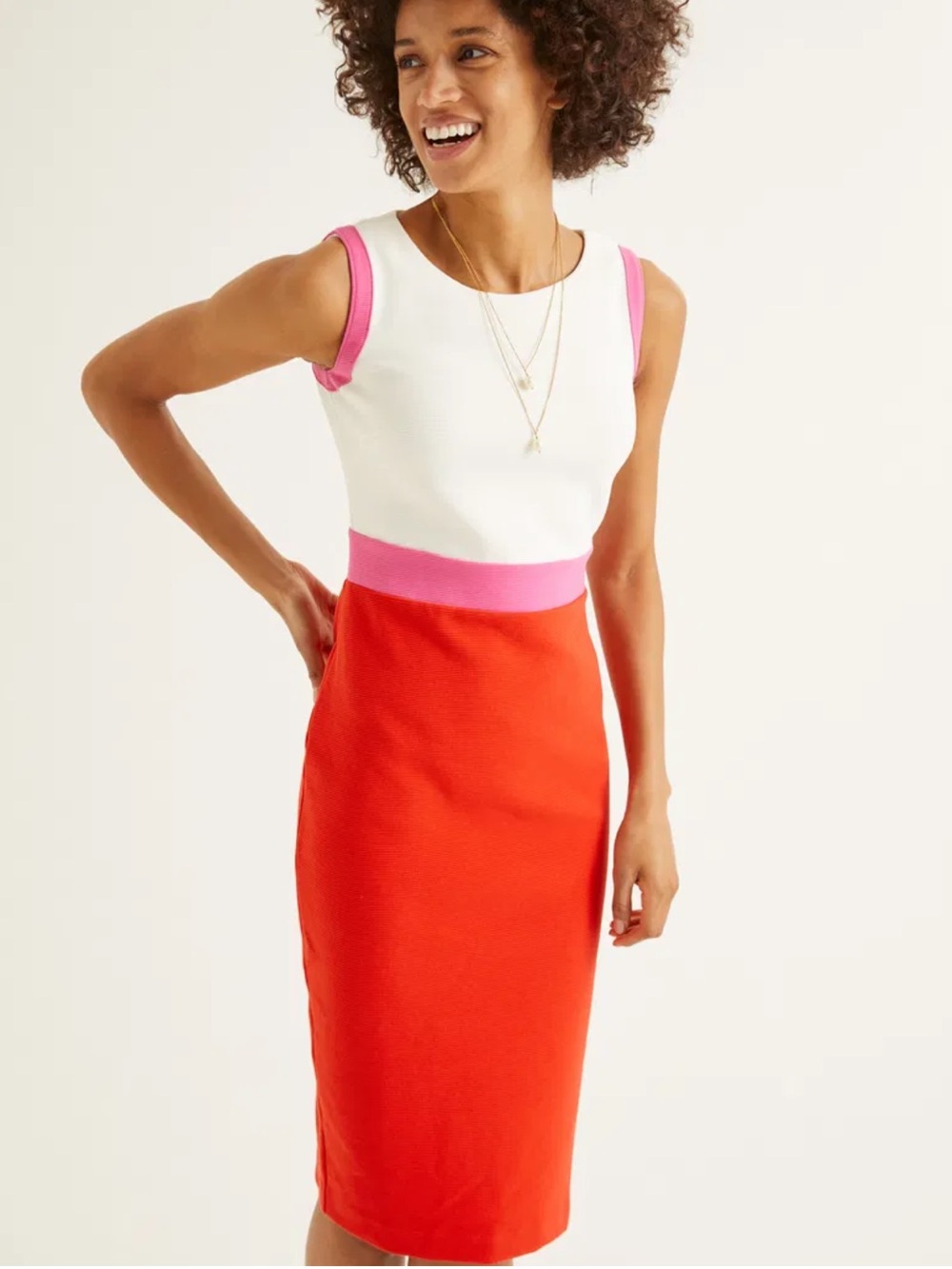 Boden 12 Celia Ottoman Dress Colorblock Midi Pencil Sheath Red White Pink Orange